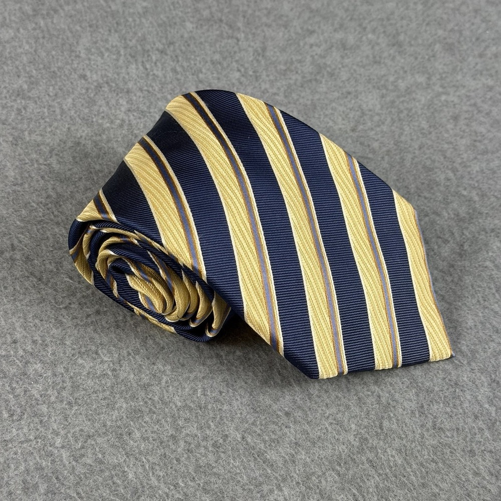 Geoffrey Beene Navy Gold Striped 100% Silk Necktie Classic Mens Tie 58x4"